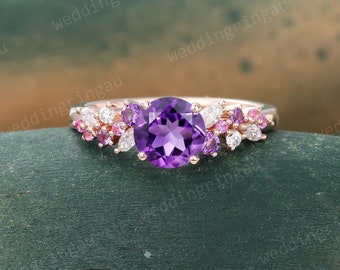 Purple Amethyst ring Unique Rose gold Cluster engagement ring pink sapphire ring Marquise cut Moissanite bridal anniversary ring for women