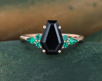 Vintage Coffin cut Black onyx ring Unique rose gold engagement ring Kite cut Emerald ring Black gemstone Wedding Ring art deco promise ring