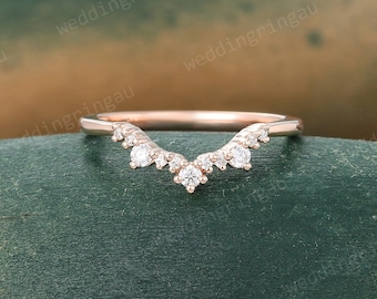Diamond Curved Wedding band Unique Moissanite Rose gold Wedding band Round cut ring Matching Stacking band promise ring personalized gift
