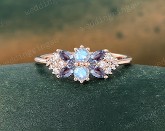 Marquise cut Alexandrite wedding band Unique Rose gold Moonstone Stackable ring women Moissanite ring Family Birthstone ring Promise ring