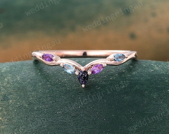 Family birthstone ring Pear cut Blue sandstone wedding band Marquise cut Amethyst Curved wedding ring London blue topaz stackable ring