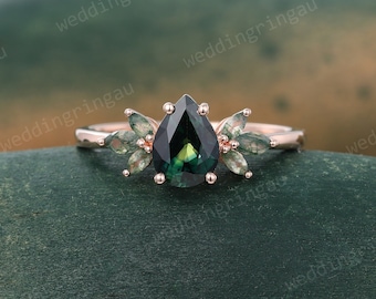 Pear shaped Teal Sapphire ring Vintage Rose gold engagement ring Unique Marquise cut Moss agate ring Nature inspired Bridal Anniversary ring
