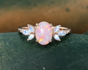 Oval cut Pink Opal Engagement ring Unique Rose gold ring Marquise cut Moonstone ring Cluster wedding ring Nature inspired ring Promise ring