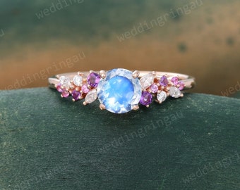 Vintage Rose gold Moonstone engagement ring Round cut Amethyst Pink sapphire ring Antique Moissanite ring bridal anniversary ring for women