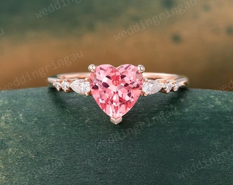 Unique Heart shaped Pink sapphire engagement ring Rose gold pear cut moissanite ring cluster wedding ring Promise ring for women gift