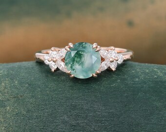 Unique Green Moss agate engagement ring Vintage Rose gold ring Marquise cut Moissanite ring Diamond Cluster ring anniversary ring for women