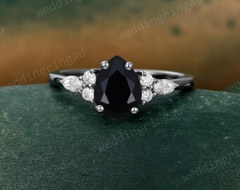 Pear shaped Black onyx ring Unique Black gold engagement ring Marquise cut Diamond ring Teardrop onyx ring Moissanite Bridal Promise ring