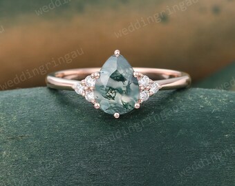 Pear shaped Moss agate engagement ring Unique rose gold Moissanite cluster ring teardrop ring art deco Bridal promise anniversary ring