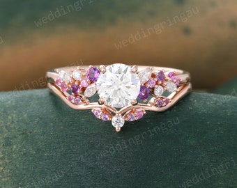 Unique Moissanite engagement ring set Vintage Rose gold Diamond Bridal ring set Pink sapphire Amethyst wedding band Art deco Promise ring