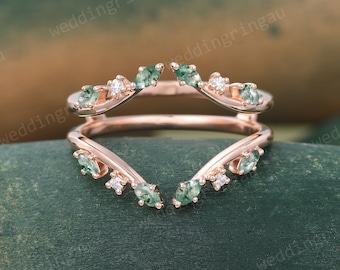 Moss agate Wedding Band Unique Diamond Enhancer Wedding ring Rose gold Double band Leaf Branch Ring Curved matching stacking band for women