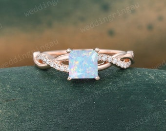 Princess cut Opal ring Vintage Rose gold Lab Opal engagement ring Moissanite pave ring Infinity ring Diamond Twist ring Bridal Promise ring
