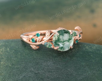 Round Green Moss agate ring Unique Rose gold Leaf engagement ring Marquise cut Moss agate ring Emerald ring Nature inspired Twig ring Gift