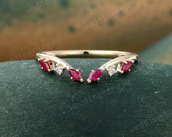 Natural Ruby Curved wedding band Unique Yellow gold wedding band Moissanite Open ring Nature inspired ring Women Stacking Matching band