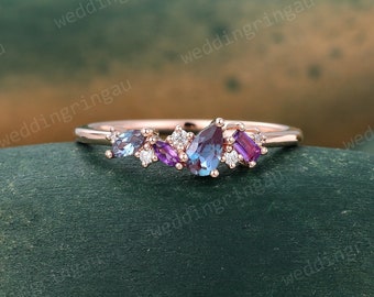 Cluster Pear cut Alexandrite wedding band Unique Rose gold Amethyst Stackable ring women Moissanite ring Birthstone ring Promise ring