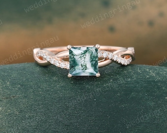 Princess cut Moss agate engagement ring Unique Rose gold ring half eternity Twist ring Moissanite pave ring Bridal promise anniversary ring