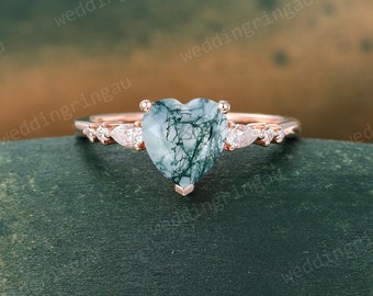 Unique Heart cut Moss agate ring Rose gold engagement ring Pear cut moissanite ring Seven stone wedding ring Promise ring for women gift