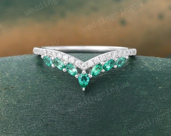Marquise cut Emerald Curved wedding band Vintage Moissanite Wedding Band Unique White gold diamond ring Matching band anniversary band