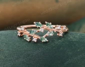 Cluster Moss agate wedding band Vintage 14k Rose gold ring Leaf design ring Round cut Moissanite Branch ring Antique Bridal promise ring
