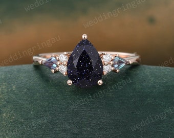 Pear Shaped Blue Sandstone Engagement Ring Rose Gold Teardrop Galaxy Starry Sky Ring Kite cut Alexandrite Ring Unique Gemstone Ring