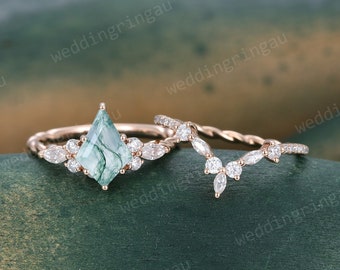 Kite cut Moss Agate Engagement ring set Rose gold Marquise vintage Moissanite wedding band 3/4 Twist band bridal set marriage Anniversary