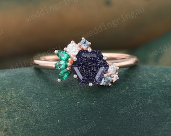 Hexagon cut Blue Sandstone Ring Unique Blue Sandstone Engagement Ring Rose Gold Cluster Marquise cut Lab emerald Alexandrite Wedding Ring