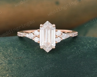 Hexagon cut Moissanite engagement ring Unique rose gold ring half eternity Micro pave ring Kite cut ring Bridal promise anniversary ring