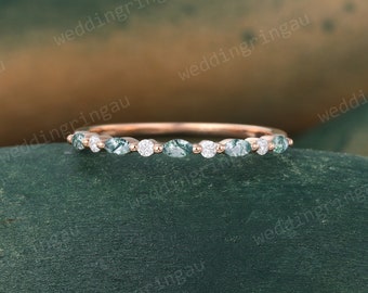Marquise cut Moss Agate wedding band Vintage Rose gold wedding band Half eternity Round cut Moissanite ring Diamond Bridal band Promise ring