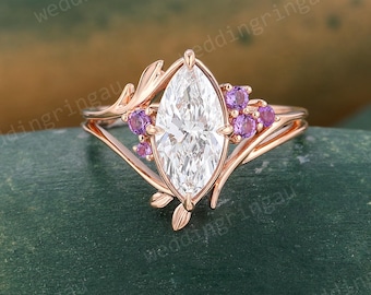 Unique Marquise Cut Moissanite Engagement Ring Rose Gold Amethyst Cluster Ring Leaf Nature Inspired Bridal Wedding Art Deco Promise Ring