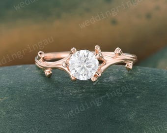 Round Cut Moissanite Engagement Ring Unique Vintage Rose Gold Single Stone Ring Branch Wedding Ring Promise Anniversary Ring for Women Gift