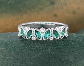 Unique Marquise Lab Emerald Wedding Ring White Gold Straight Engagement Moissanite Ring Art Deco Birthstone Promise Anniversary Ring