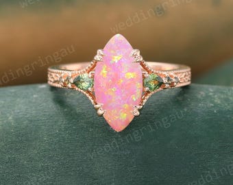 Vintage Pink Opal Engagement Ring Unique Rose gold Pear Cut Teal Sapphire Ring Filigree Wedding Ring Double Claw Prong Promise Ring Gift