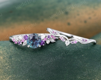 Round Alexandrite Engagement Ring Set Vintage White Gold Cluster Ring Set Amethyst Pink Sapphire Ring Moissanite Wedding Ring Promise Ring