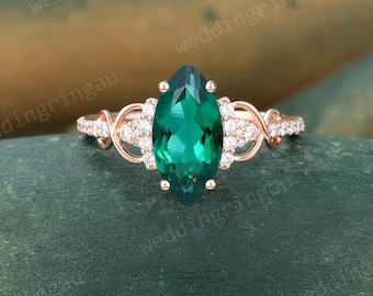 Marquise Emerald Engagement Ring Vintage Rose Gold Moissanite Twist Wedding Ring Green Gemstone Ring May Birthstone Ring Anniversary Gifts
