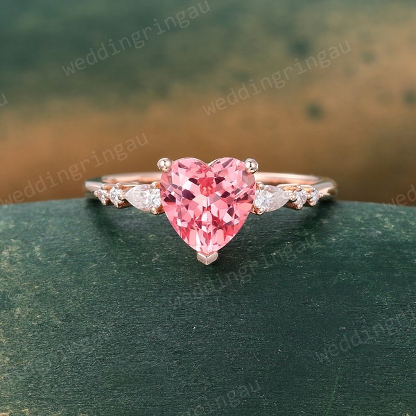 Unique Heart shaped Pink sapphire engagement ring Rose gold pear cut moissanite ring cluster wedding ring Promise ring for women gift