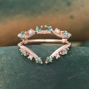 Moss agate Wedding Band Unique Diamond Enhancer Wedding ring Rose gold Double band Leaf Branch Ring Curved matching stacking band for women