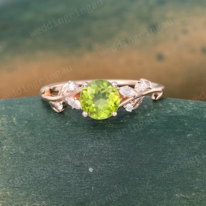 Round cut Peridot ring Vintage Rose gold engagement ring Marquise cut Moissanite ring Leaf Branch ring August birthstone ring promise ring