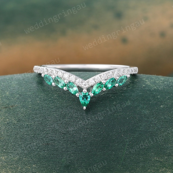 Marquise cut Emerald Curved wedding band Vintage Moissanite Wedding Band Unique White gold diamond ring Matching band anniversary band