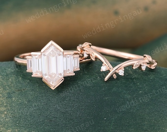 Hexagon Cut Moissanite Engagement Ring Set Vintage Rose Gold Baguette Moissanite Ring Leaf Curved Wedding Ring Bridal Promise Ring