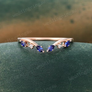 Marquise cut Blue sapphire Curved wedding band Unique Rose gold Moissanite wedding band Vintage Open ring Bridal wedding ring Stacking ring