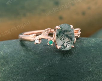 Oval Cut Moss Agate Promise Ring Unique Rose Gold Engagement Ring Leaf Branch Emerald Wedding Ring Bridal Nature Inspired Anniversary Ring
