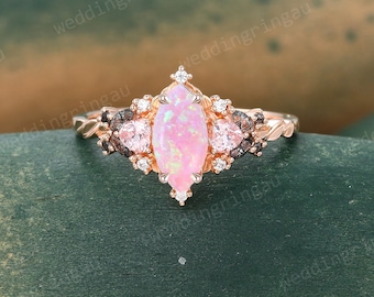 Marquise cut Pink opal ring Unique Rose gold engagement ring Heart cut pink sapphire ring Black rutilated quartz ring Leaf ring Bridal ring