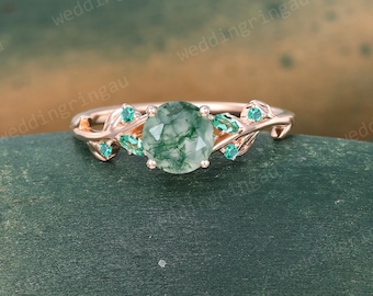 Round Green Moss agate ring Vintage Rose gold Branch engagement ring Marquise cut Emerald ring May birthstone ring Twig ring promise Gift