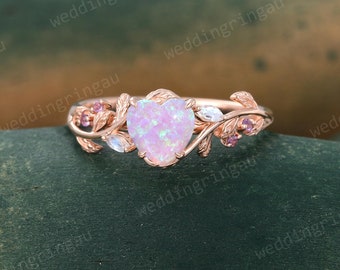 Heart cut pink opal engagement ring Vintage Rose gold Leaf ring Marquise cut Moonstone ring Amethyst ring Nature inspired Twig ring Gift