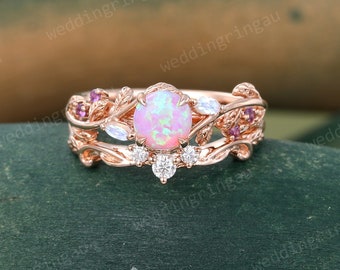 Pink opal engagement ring Unique Opal engagement ring set Leaf Marquise cut Moonstone ring Amethyst Moissanite wedding ring set Promise ring