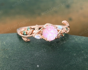 Round Pink Opal ring Dainty Rose gold Leaf engagement ring Marquise cut Moonstone ring Emerald ring Nature inspired Twig ring Promise gift