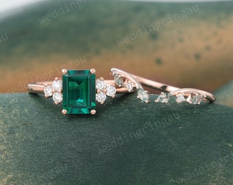 Smaragd Verlobungsring Set Vintage Roségold Moissanit Brautring Set Marquiseschliff Moosachat Geschwungener Ehering Offener Ring Versprechensring
