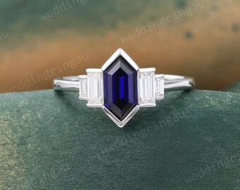 Hexagon Blue sapphire ring Unique White gold engagement ring Diamond Bezel set ring Baguette cut Moissanite ring Bridal promise ring