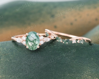 Oval cut Moss agate engagement ring set Vintage Moissanite engagement ring Marquise cut Moss agate open curved wedding ring Promise ring set