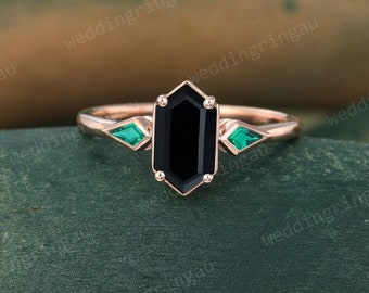Hexagon cut Black onyx ring Unique Rose gold engagement ring Kite cut Emerald Three stone ring Vintage Birthstone ring gold anniversary ring