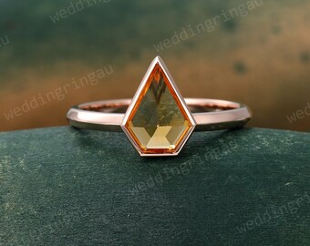 Kite cut Citrine ring Unique Rose gold engagement ring Solitaire ring Vintage Yellow Crystal ring Bridal wedding ring anniversary ring